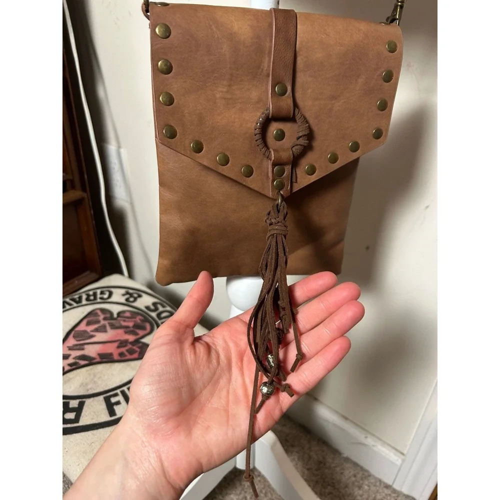 Brown Faux‎ Leather Studded Boho Crossbody Bag Purse Tassel Fringe Western Boho